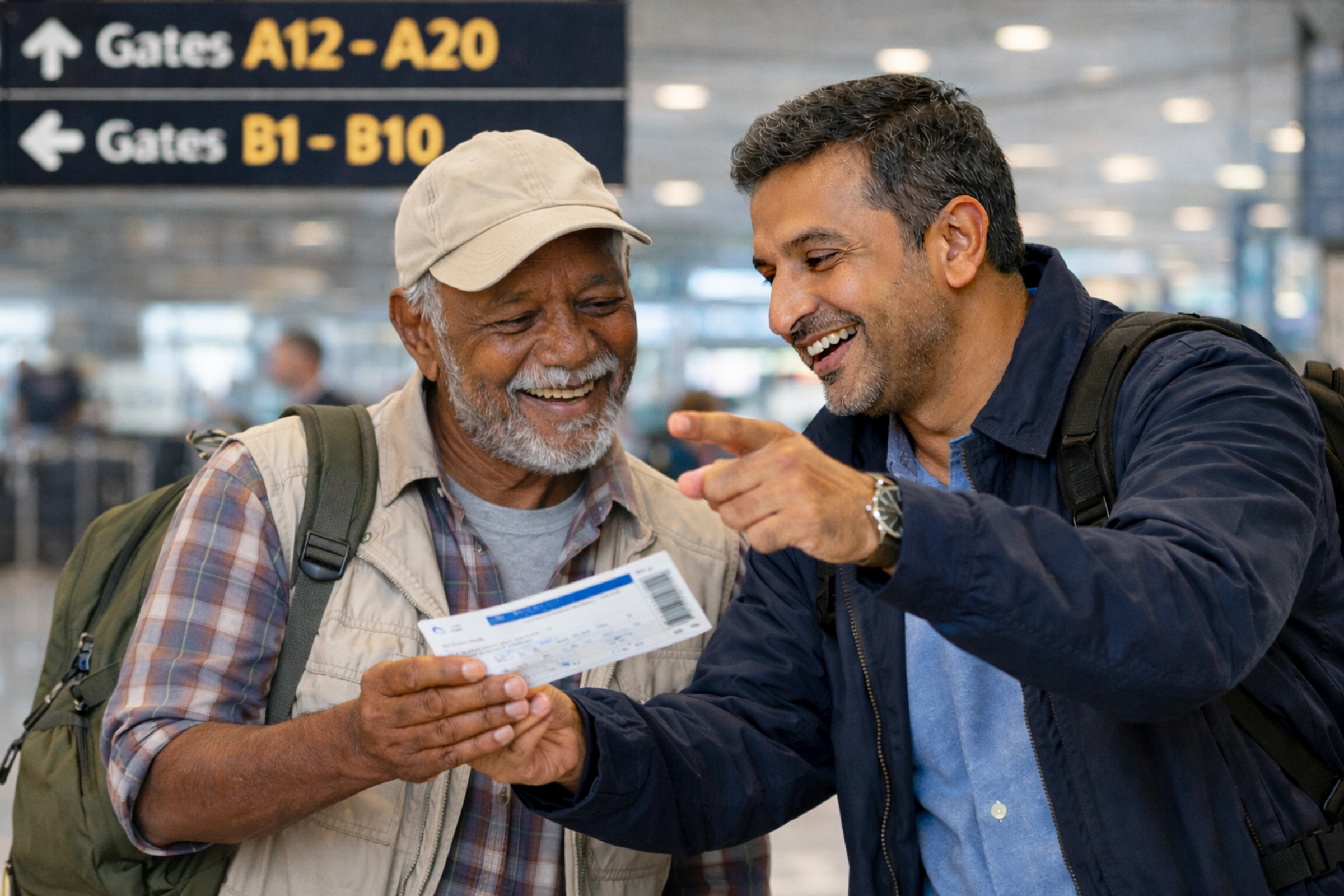 Travel companion support scene in an airport terminal.