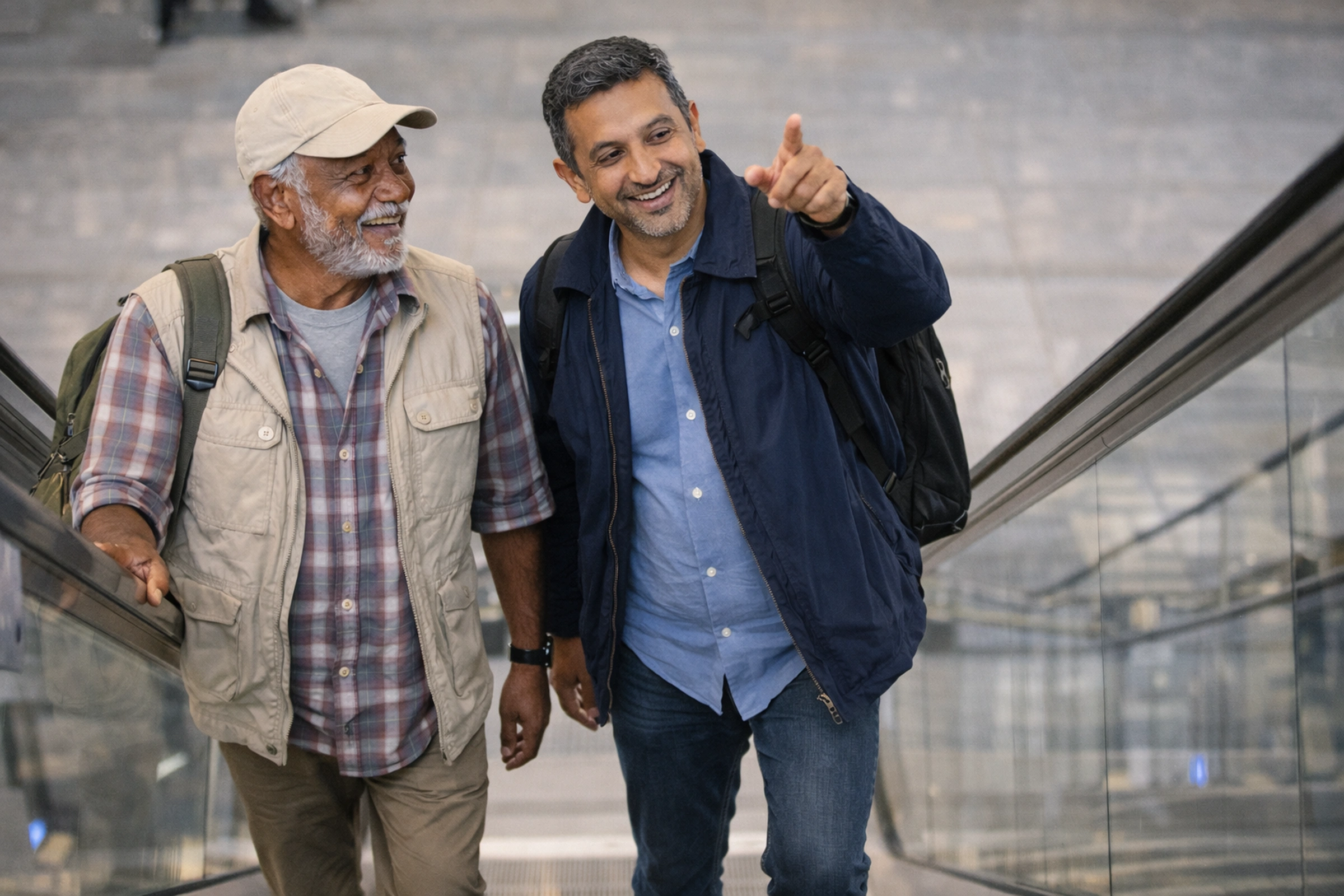 Family members travelling together in an airport with calm guidance support.