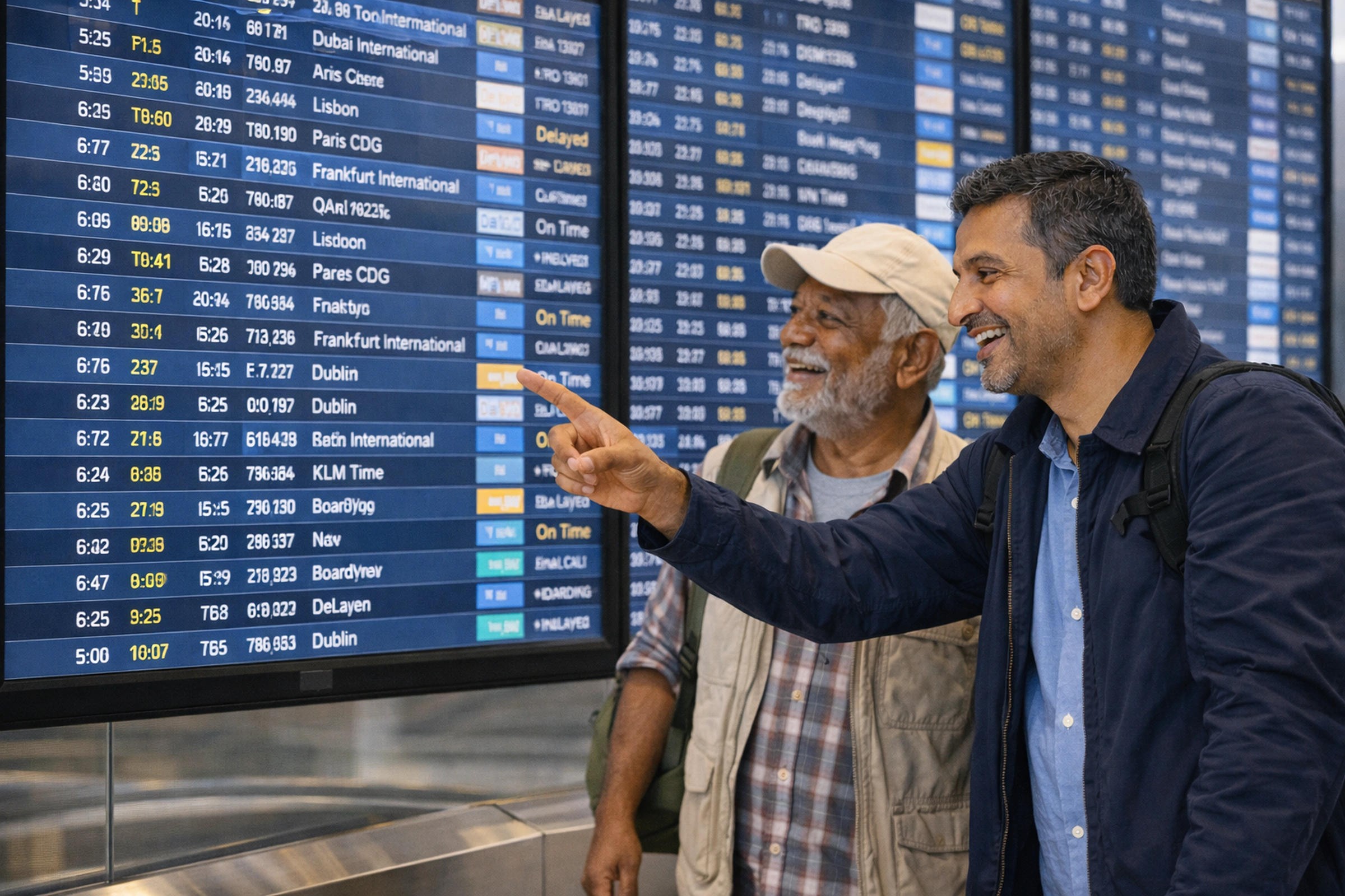 Traveller support view near an airport departures board.
